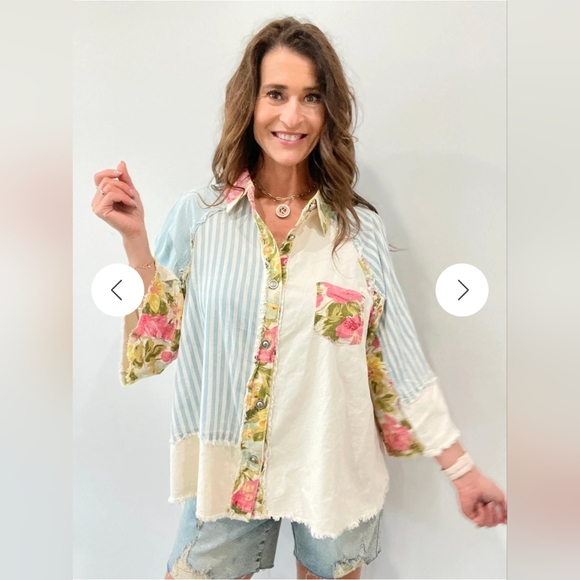 POL Tops - Pol All That And More Chambray Multi Pattern Oversized Front Button Front Shirt